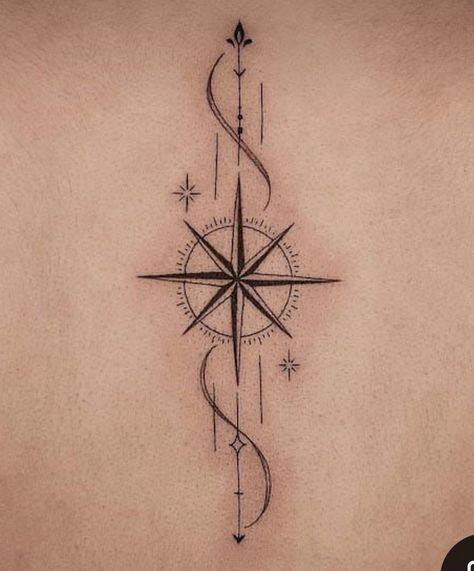 Feather Arrow Compass Tattoo, Arrow And Compass Tattoo Women, Stars And Arrows Tattoo, Cute Arrow Tattoos For Women, Arrow And Compass Tattoo Design, Compass Tattoo Spine, Nautical Spine Tattoo, Compass Back Tattoo For Women, Compus Tattoos Designs For Women