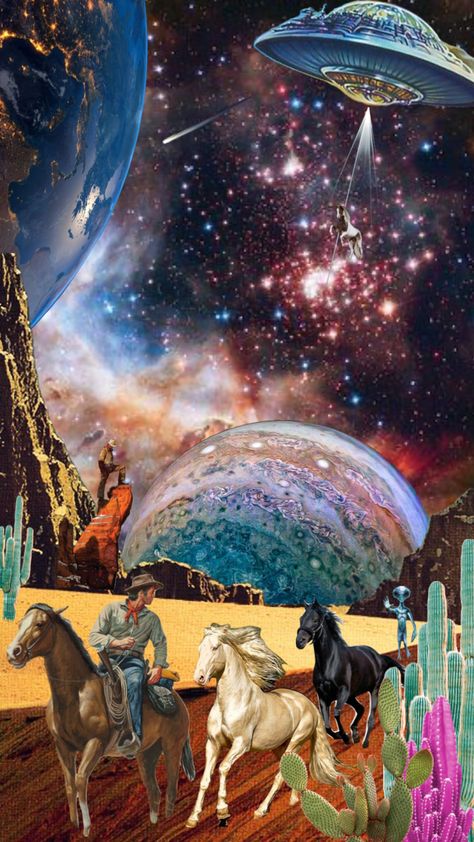 #vintage #space #spacecowboy #alien #aesthetic Space Cowboy Wallpaper Iphone, Desert Alien Aesthetic, Cosmic Cowgirl Aesthetic, Cowboy Vs Aliens Party, 70s Space Aesthetic, Western Alien, Intergalactic Aesthetic, Space Cowboy Aesthetic, Galactic Cowboy