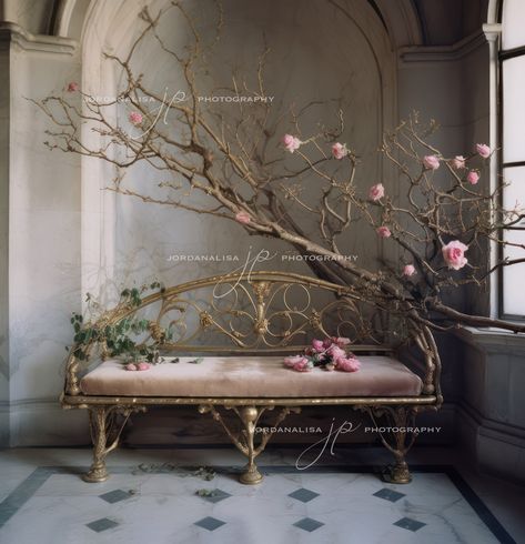 Digital image of gorgeous and elegant lush pink velvet upholstered bench in a beautiful and delicate room surrounded by pink cherry tree blossoms.  This is a perfect backdrop for a composite of your fine art photo session whether it's pet, maternity, cake smash, boudoir or even a bridal or wedding session.  INCLUDES * 1 Fine Art Digital Backdrop * Dimensions Approx: 6100 X 6100px * Resolution: 300 DPI * File Type : JPG * INSTANT DOWNLOAD * Download will not contain Watermark or model * These dig Backdrop Dimensions, Newborn Hair Bows, Velvet Chaise, Backdrop Pink, Floral Overlay, Room Background, Wedding Session, Pink Peony, Upholstered Bench