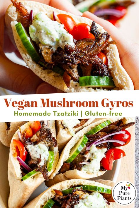 This vegan gyros recipe transforms ordinary oyster mushrooms into an extraordinary meat substitute. The mushrooms, paired with fresh vegetables and a homemade tzatziki sauce, make for a pita pocket that is as healthy as it is delicious. Pita Filling Ideas Vegetarian, Plant Based Gyros, Vegan Stuffed Pita Pockets, Oyster Mushroom Gyros, Vegan Pita Pocket Recipes, Vegetarian Pita Pockets, Vegan Gyro Bowl, Vegan Gyro Meat, Vegan Gyro Recipe