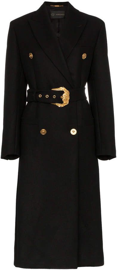 #affiliatead -- Versace double-breasted long wool coat -- #chic only #glamour always Versace Coat, Wool Coat Black, Statement Coat, Skirted Swimsuit, Coat Trends, Cyberpunk Fashion, Military Coat, Long Wool Coat, Fashion Business Casual