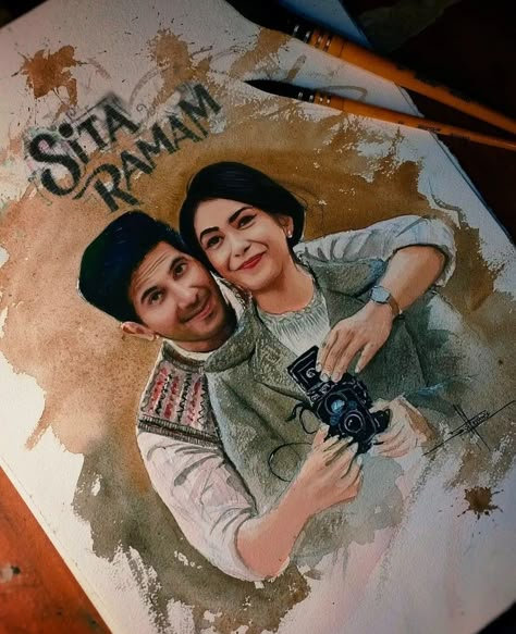 Sita Ramam Film Painting, Sita Ramam Film Images Drawing, Bollywood Drawing, Sita Raman, Sita Ramam, Dulquer Salmaan, Movie Collage, Mrunal Thakur, Cute Movie Scenes