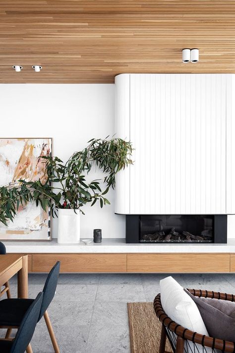 Securing a sublime coastal site on Sydney’s Northern Beaches allowed one lucky couple to build a weekender just 30 minutes from home. Curved Fireplace, Fireplace Wall, Living Room With Fireplace, Australian Homes, House Extensions, Lounge Room, Fireplace Design, Open Plan Living, The Design Files