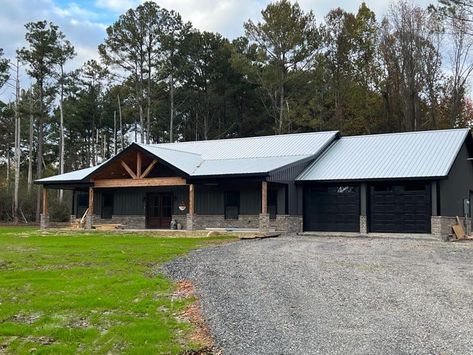 Charcoal Grey Barndominium Exterior, Charcoal Siding, Barndo Designs, Cedar Beams, Galvalume Roof, Metal Building House Plans, Metal House Plans, Barn Houses, Metal Building Home