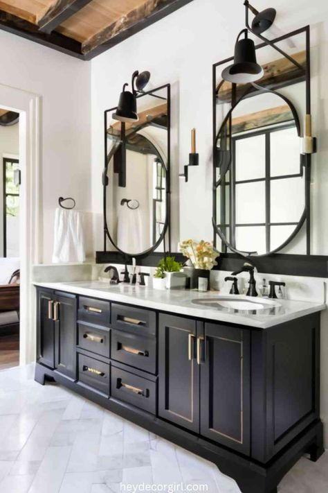 15 Amazing Black And White Farmhouse Bathroom Decor Ideas Farmhouse Bathroom With Gold Accents, Black Bathroom Farmhouse, Bathroom Decor Black Fixtures, Black Vanity Master Bath, Black White Master Bath, Black And White Home Design, Dark Vanity Bathroom Ideas, Bathroom With Black Vanity, Green And Black Bathroom Ideas