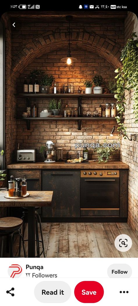 Black And Brick Kitchen, Brickwork Kitchen, Kitchens With Brick, Brick Wall Kitchen Ideas, Brick Kitchen Ideas, Red Brick Kitchen, Brick Kitchen Wall, Brick Wall Kitchen, Brick Kitchen Backsplash