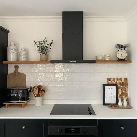 Which do you prefer… Open shelving or wall units in a kitchen? Because we went for a black kitchen in a fairly small space, the wall… | Instagram Kitchen Interior With Shelves, Kitchen Open Shelving Extractor, Kitchen Cooker Hood Ideas Open Shelves, Black Extractor Hood, Black Kitchen Open Shelving, Kitchen Shelves Next To Extractor, Floating Shelves Kitchen Next To Hood, Shelf Over Cooker, Above Cooker Shelf