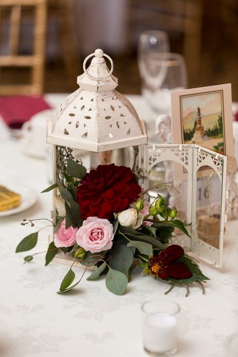 burgundy and blush lantern centerpiece Burgundy Decorations, Colorful Garden Party, Lanterns With Flowers, Lantern Table Centerpieces, Burgundy Wedding Centerpieces, 40 Anniversary, Blush Centerpiece, Flower Arrangements For Weddings, Kim Wedding