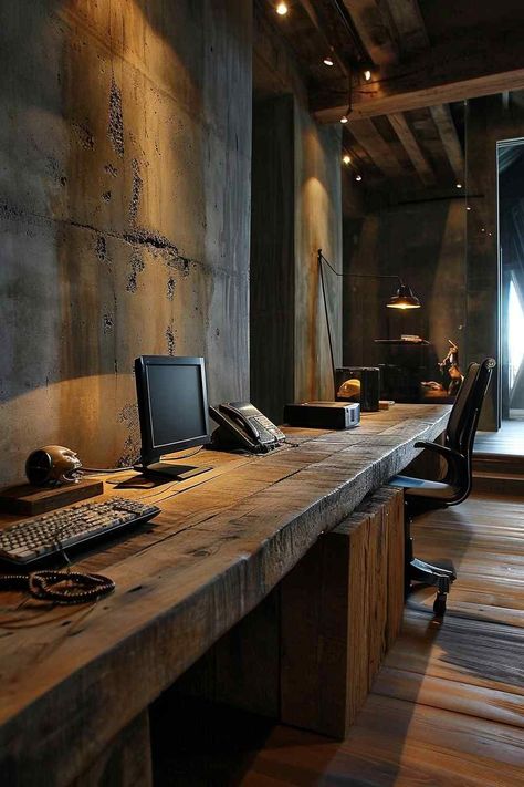 Redefine your home office by incorporating a charming rustic aesthetic and state-of-the-art technology. Create a workspace that seamlessly blends the natural beauty of a long wooden table with the modernity of concrete walls and an exposed beam ceiling. Embrace the cleverness of this unique design, where comfort and functionality coexist harmoniously. #HomeOfficeInspiration #RusticCharm #HighSpeedTech #WorkspaceInnovation Rustic Work Table, Modern Art Studio Design, Rustic Desk Setup, Concrete Office Interior, Long Desk Along Wall, Rustic Cabin Desk, Rustic Gaming Desks, Rustic Office Design, Industrial Wooden Desk