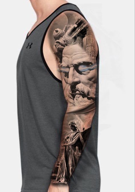 #zeus #greekmythology #greece #mythology #angel #wings #statues #fullsleeve #tattoodesign Greece Tattoo Mythology, Greek Mythology Tattoo Design, Anatomy Structure, Black Crow Tattoos, Greece Tattoo, Greek God Tattoo, Mario Tattoo, Big Cat Tattoo, Greece Mythology