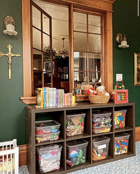 #playroom #playroomkids #decor #diy #diyideas #diydecorating #victorian #victoriangothic #victorianaesthetic #colonial #vintage #green #greenwalls #kids #baby #homework Vintage Playroom Ideas, Playroom Aesthetic, Green Playroom, Vintage Playroom, Homeschool Space, Vintage Kids Room, Boys Play, Kids Rooms Inspo, Toy Room Decor