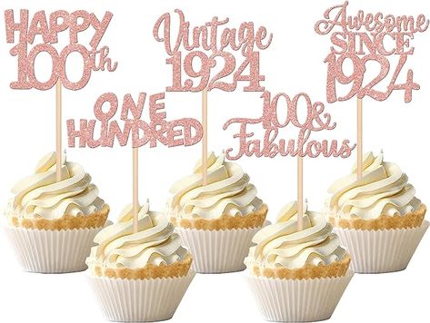 Amazon.com: 30PCS Vintage 1924 Cupcake Toppers Glitter One Hundred 100 Fabulous Happy 100th Birthday Cupcake Picks Awesome Since 1924 Cake Decorations for 100th Birthday Anniversary Party Supplies Rose Gold : Grocery & Gourmet Food 100 Birthday Cake, 100th Birthday Cake, 100th Birthday Party Decorations, Happy 100th Birthday, 100th Birthday Party, Birthday Party Decorations Diy, Cupcake Picks, 100th Birthday, Fabulous Birthday