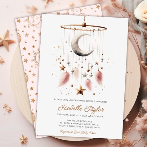 Over the Moon Boho Celestial Girl Baby Shower  Invitation Moon Themed Baby Shower Ideas Girl, Over The Moon Baby Shower Invitations, Over The Moon Baby Shower Ideas Girl, Celestial Baby Shower Theme, Moon Baby Shower Theme, Moon Baby Shower Invitation, Stars Mobile, Boho Celestial