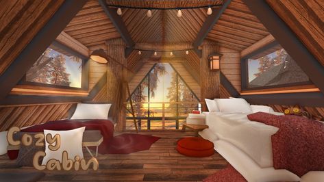 Bloxburg Cabin Bedroom, Small Winter Cabin, Bloxburg Winter House Ideas, Lodge Bedroom, Winter House Exterior, Cozy Winter Cabin, Lodge Ideas, Winter Lodge, Cabin Living Room