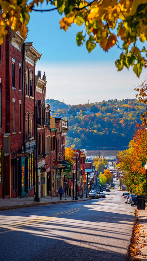 A charming street in a small town in West Virginia, lined with historic brick buildings and colorful autumn foliage, one of the best places to live in West Virginia. Places To Go In West Virginia, Travel West Virginia, West Virginia Houses, Living In Virginia, Moving To Virginia, Davis West Virginia, Lewisburg West Virginia, West Virginia Aesthetic, Virginia Aesthetic