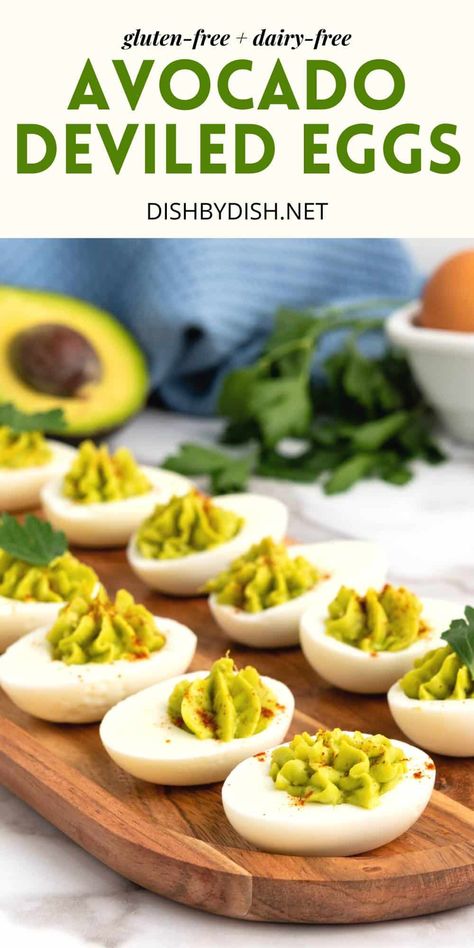 These flavorful avocado deviled eggs are super easy to make, ready in just 20 minutes, and are the perfect appetizer for any gathering or party. Make this deviled egg recipe for Easter, Mother's day, Father's day, or other holidays! Totally gluten-free and dairy-free too! Deviled Eggs With Avocado Recipe, Deviled Eggs With Avocado, Deviled Egg Recipe, Guacamole Deviled Eggs, Avocado Deviled Eggs, Gluten Free Egg Free, Egg Recipe, Mashed Avocado, Deviled Egg