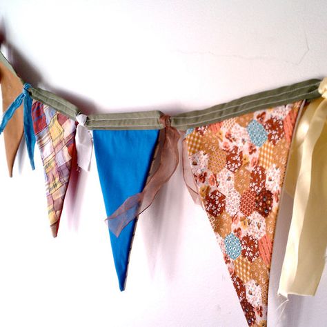 Vintage Fabric Bunting  Long Banner Summer Celebrations by heidibg, $65.00 Handmade Sock Monkey, Alphabet Wall Art, Handmade Socks, Boys Room Wall Art, Fabric Garland, Fabric Bunting, Old Quilts, Boho Dekor, Flag Bunting