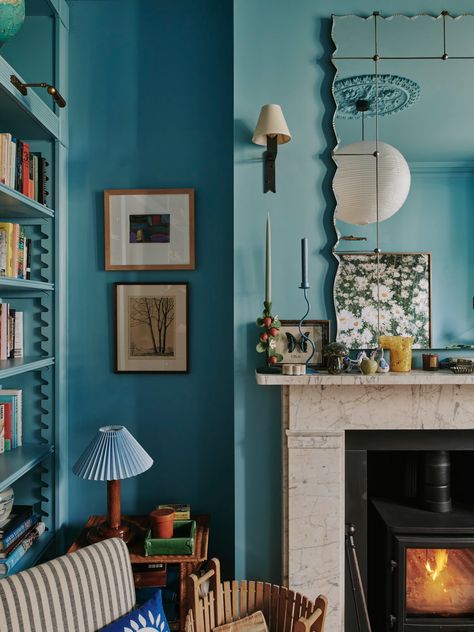 Lucy William/ Flower Michelin- House & Garden — Christopher Horwood Photography Maximalist Blue Living Room, Fireplace Maximalist, Powder Blue Office, Blue Maximalist Living Room, Blue Victorian Living Room, Blue Eclectic Living Room, Blue Maximalist Bedroom, Blue And Green Interior Design, Blue Sitting Room