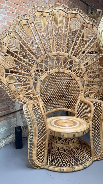 Vicki Leilani Stecher on Instagram: "HOMEVESTURES ORIGINAL MA’AT GODDESS HEIRLOOM PEACOCK CHAIR 7.5’ tall by 6.5’ wide 2.5’ deep; price 6900; available now for pickup or *delivery at 418 N HERBERT AVE TUCSON AZ 85705 hours 11-7pm through August 30th Sept by appointment *delivery/shipping fee TBD" Rattan Throne Chair, Retro Objects, Rattan Peacock Chair, Wicker Peacock Chair, Architect Studio, Peacock Chairs, Art Deco Living, Peacock Garden, Amazing Furniture