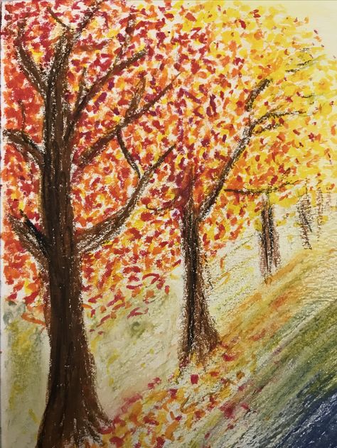 Oil pastel autumn Oil Pastel Autumn Art, Autumn Oil Pastel, Fall Oil Pastel Art, Oil Pastel Fall, Pastel Autumn, Drawing Tuts, Leaves Sketch, Oil Pastel Colours, Soft Pastel Art