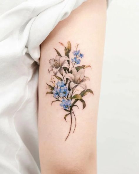 Birth Flower Tattoo Designs, Delphinium Tattoo, Larkspur Flower Tattoos, Larkspur Tattoo, Flower Vine Tattoos, Realistic Flower Tattoo, Lily Flower Tattoos, Tattoo For Boyfriend, July Birth Flower