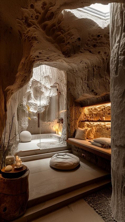 Cave Inspired Architecture, Cave House Exterior, Rock Interior Design, Cave Room Ideas, Cave Interior Design, Cave Spa, Crystal House, Spa Hammam, Cave Room