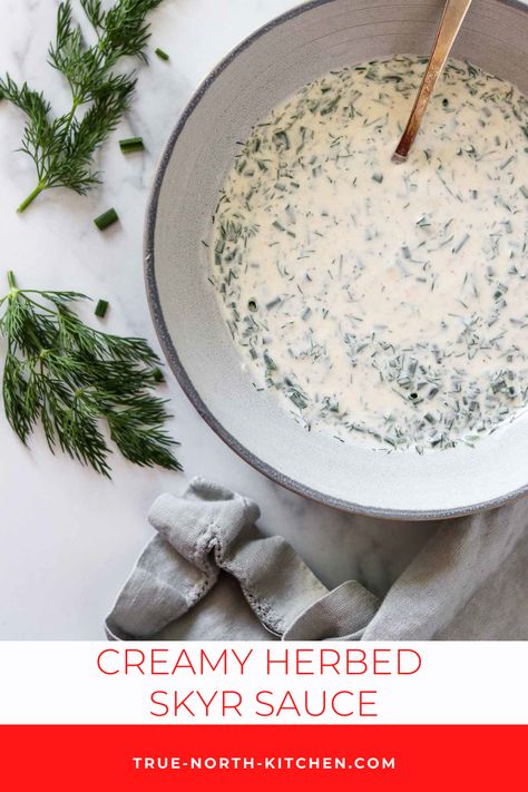 Looking for a cool and creamy sauce with big herb flavor? This Creamy Herbed Skyr Sauce is just the thing. Icelandic skyr (substitute Greek yogurt if you like) is mixed with plenty of chopped fresh dill and chives, minced garlic and just a hint of cumin and cayenne pepper for spice. Beet Salad With Arugula, Healthy Yogurt Dip, Scandinavian Dinner, Skyr Recipe, Nordic Recipe, Creamy Dill Sauce, Roasted Beet Salad, Honey Mustard Vinaigrette, Zesty Sauce