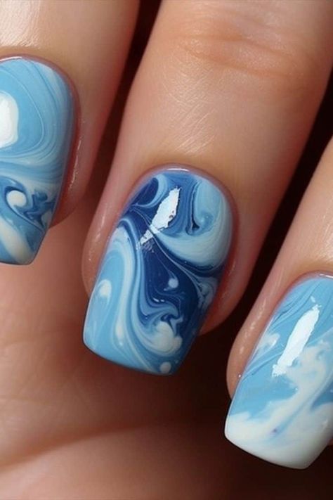 Vacation Nails Beach, Short Coffin Nails Designs, Cruise Nails, Kids Nail Designs, Beach Nail, Light Blue Nails, Marble Nail Designs, Marble Nail, Daisy Nails