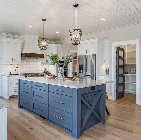 Island color is: Benjamin Moore Ocean Floor. #benajminmoore #paintcolors Kitchen Islands Ideas With Seating, Dapur Rustic, Kabinet Dapur, Decor Ikea, Farmhouse Kitchen Design, Country Style Kitchen, Kitchen Island Design, Modern Farmhouse Kitchens, Kitchen Redo