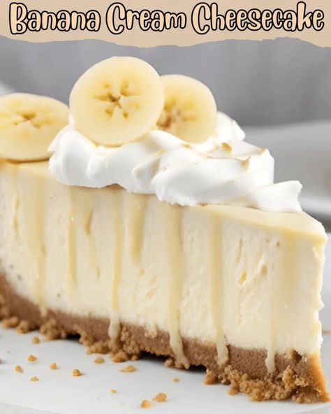 Banana Cream Cheesecake Recipe Banana Pie Cheesecake, Banana Cream Pie Cheesecake, Creamy Banana Cheesecake, Banana Cheesecake Recipe, Recipes Cheesecake, Whipped Cream Desserts, Vanilla Wafer Crust, Banana Cream Cheesecake, Banana Cream Pudding