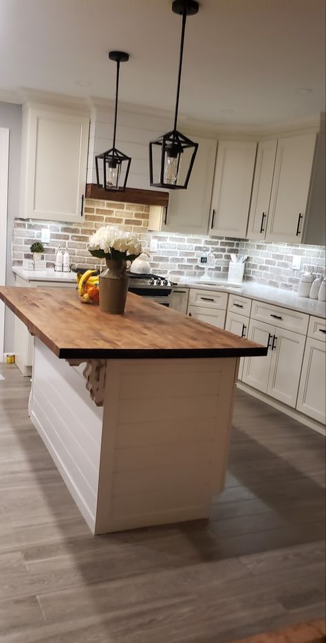 Kitchens With Short Ceilings, Kitchen Islands With Shiplap, Add Shiplap To Kitchen Island, Adding An Island To Kitchen, Shiplap Peninsula Kitchen, New Home Renovation Ideas, Modest Kitchen Remodel, Shiplap Range Hood Cover, Stove Hoods Farmhouse