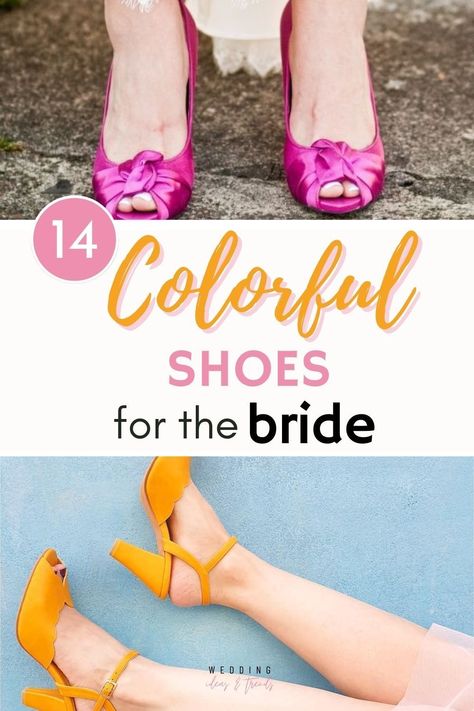 Coloured Bridal Shoes, Colored Shoes With Wedding Dress, Statement Wedding Shoes, Wedding Color Shoes, Wedding Dress With Colored Shoes, Fun Wedding Shoes Brides, Bright Wedding Shoes, Colorful Wedding Shoes Brides, Fun Wedding Heels