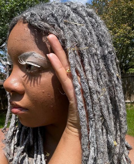 Silver And Black Braids, White Locs Black Women, Grey Locs Black Women, Silver Locs, Grey Locks, Grey Locs, Colored Locs, White Eyelashes, Hair White