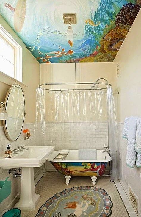 Amazing under the sea mural on the ceiling in a bathroom: http://www.completely-coastal.com/2014/10/under-the-sea-rooms.html Sea Theme Bathroom, Sea Themed Bathroom, Victorian Pool, Little Mermaid Bathroom, Under The Sea Bathroom, Sea Murals, Sea Bathroom, Ocean Bathroom, Mermaid Bathroom Decor