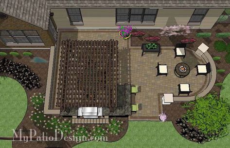 Dreamy Backyard Patio Design with Pergola | Download Patio Design – MyPatioDesign.com Patio Designs And Ideas Layout, Patio With Garden, Patio Plan, Hot Tub Pergola, Dreamy Backyard, Small Pergola, Patio Plans, Outdoor Grill Station, Grill Station