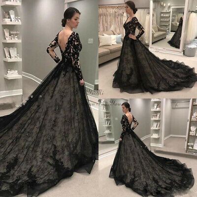 (eBay) Black Wedding Dresses Bridal Gowns Long Sleeves Lace Applique V Neck Plus size Black Wedding Dress Elegant Long Sleeve, Vintage Gothic Wedding Dress, Black Wedding Dress With Sleeves, Black Gothic Wedding, Gothic Wedding Dresses, Vampire Oc, Country Bridal Gown, Black Lace Wedding Dress, Black Wedding Dress Gothic