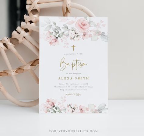 Buy Baptism Invitation Girl Editable Invitation Baptism Invite Online in India - Etsy Baptism Invitations Girl, First Communion Invitations, Communion Invitations, Baptism Invitation, Girl Christening, Rose Blush, Baptism Invitations, Rose Pastel