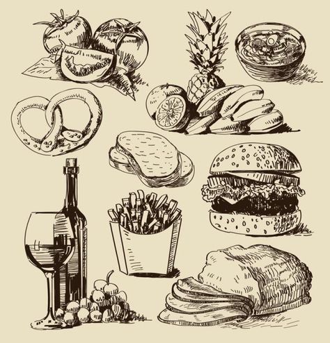 vintage food illustrations Food Vintage Illustration, Drawing Food Ideas, Food Illustrations Vector, Vintage Food Illustration, Food Sketch Illustration, Drawing Of Food, Food Drawing Sketches, Drawings Of Food, Draw Food