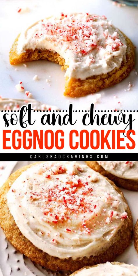 Soft and Chewy Eggnog Cookies that melt in your mouth! Topped with an eggnog cream cheese frosting, this Christmas cookie recipe tastes just like your favorite drink. Save this holiday baking idea! Eggnog Tres Leches Cookies, Eggnog Recipes Baking, Egg Nog Cookies, Recipes Using Eggnog, Egg Nog Cookies Recipe, Christmas Eggnog, Eggnog Cookies, Gooey Butter Cookies, Christmas Cookie Recipe