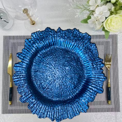 Blue plastic reef charger plates 13 inch round floral sponge charger plates wedding party decoration Charger Plates Wedding, Plate Chargers, Plates Wedding, Exhibition Company, Logo Samples, Dream Party, Charger Plate, Charger Plates, Wedding Party Decorations