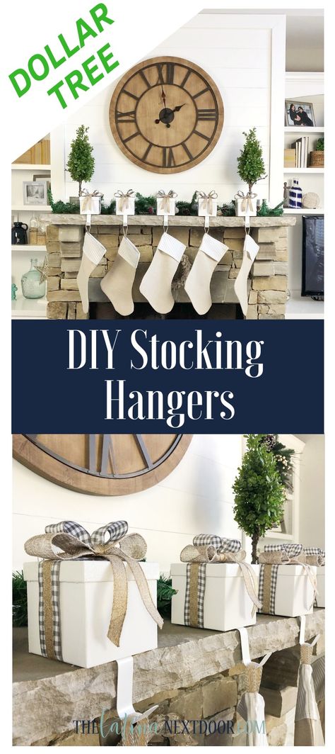 Stocking Hangers No Fireplace Diy, Stocking Hangers Diy, Stocking Hanging Ideas, Stocking Hanger Diy, Diy Stocking Holder, Stocking Holders For Mantle, Christmas Stocking Hanger, Diy Stocking, Stocking Hangers