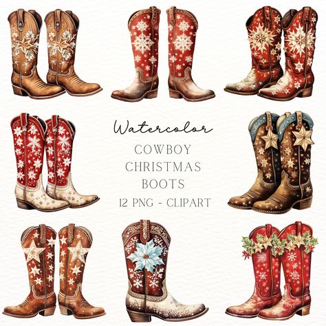 Cowboy Christmas Boots Clipart: White Snowflakes and Poinsettia Flowers for Holiday Crafts and Invitations https://digitalduskyrose.etsy.com/listing/1775161998 Add a unique Western flair to your holiday designs with our Cowboy Christmas Boots Clipart collection! Featuring festive cowboy boots decorated with white snowflakes and vibrant poinsettia flowers, these high-resolution illustrations are perfect for creating stunning Christmas cards, invitations, scrapbooks, and other holiday crafts.... Poinsettia Flowers, Christmas Boots, Cowboy Christmas, Holiday Floral, Poinsettia Flower, Christmas Invitations, White Snowflake, Cow Boy, Craft Paper