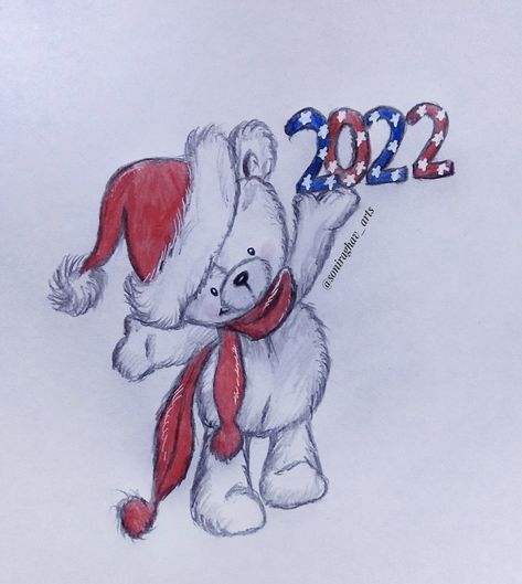 Happy New Years Drawing, New Years Drawings, Newyear Drawing, New Years Drawing, Happy New Year Drawing, Drawing Teddy Bear, New Years Drawing Ideas, New Year Drawing, Colourful Drawing