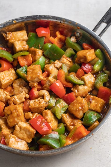 This kung pao tofu will quickly become one of your favorite dinner recipes! One pan and 15 minutes is all you need for this intensely flavorful meal. This kung pao tofu is also entirely vegan, plant-based, and gluten-free! One Pot Tofu Recipes, King Pao Tofu, Meals With Tofu, Dinner Recipes One Pan, Wfpb Recipes No Oil, Vegan Tofu Recipes, Tofu Dinner Recipes, Tofu Dinner, Favorite Dinner Recipes