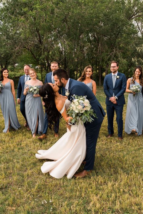 Dusty blue mismatched bridesmaids dresses and groomsmen in navy blue suits. See more from this outdoor wedding ceremony in Fort Collins, CO on the blog! #dustybluewedding Dusty And Navy Blue Wedding, Dusty Blue Decor, Navy Blue Wedding Party, Wedding Party Colors, Blue Wedding Party, Wedding In Colorado, Party Colors, Mariachi Band, Fort Collins