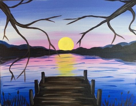 How To Paint A Sunset Lake Pier - Step By Step Painting Sunset Painting Tutorial, Pier Painting, Paint A Sunset, Social Artworking, Bridge Painting, Pastel Sunset, Simple Acrylic, Sunset Lake, Lake Painting