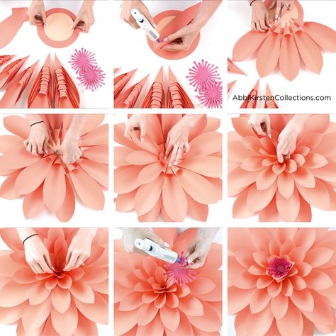 How to make giant paper dahlia flowers: a photo series showing how to roll flower petals and create a giant paper dahlia. Wild One Bday, Flowers Diy Easy, Colorful Floral Art, Paper Flowers Diy Easy, Dance Crafts, Paper Dahlia, Cute Origami, Plants Diy, Red Carnation