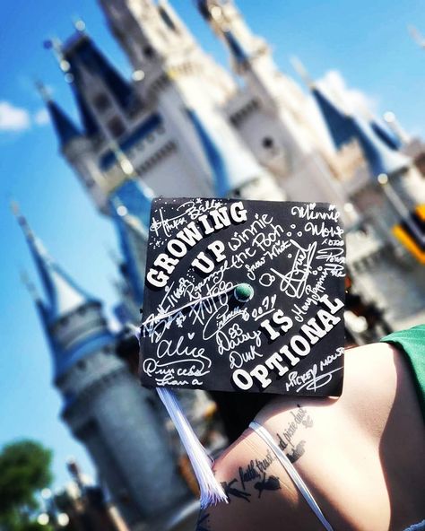 Disney Graduation Cap. This was my graduation cap that I made while doing my internship at Disneyworld as part of the Disney College Program! On my day off, I went to Magic Kingdom at opening and did meet and greets with all the characters! I graduated from UNT and Disney in the same week so this was perfect. Disney Graduation Cap Ideas High School, Disney Graduation Photoshoot, Grad Cap Designs Disney, Disney Cap And Gown, Disney Graduation Photos, Disney World Graduation Cap, High School Grad Cap Ideas Disney, Pixar Graduation Cap, Disney Graduation Cap Designs