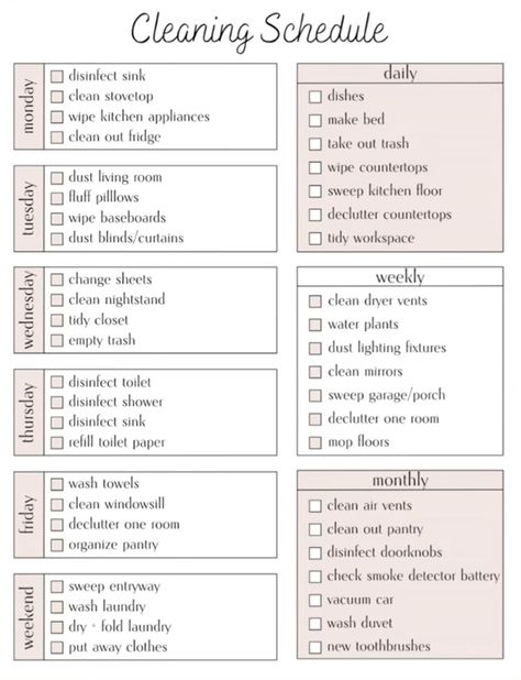 Student Cleaning Schedule, Monthly Deep Cleaning Checklist, House Chores List Cleaning Routines, Housekeeper Checklist Professional, Homemaking Checklist, Housework Checklist, Professional Cleaning Checklist, Cleaning Schedule Bedroom, Housewife Schedule