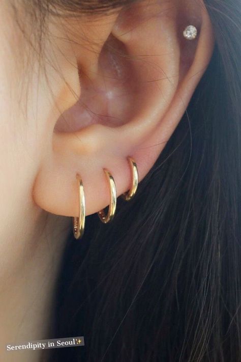 Simple Piercing Ideas, Double Piercing Earring, Autumn Closet, Piercings Ideas, Pretty Ear Piercings, 14k Gold Hoop Earrings, Gold Jewelry Gift, Multiple Ear Piercings, Cute Ear Piercings